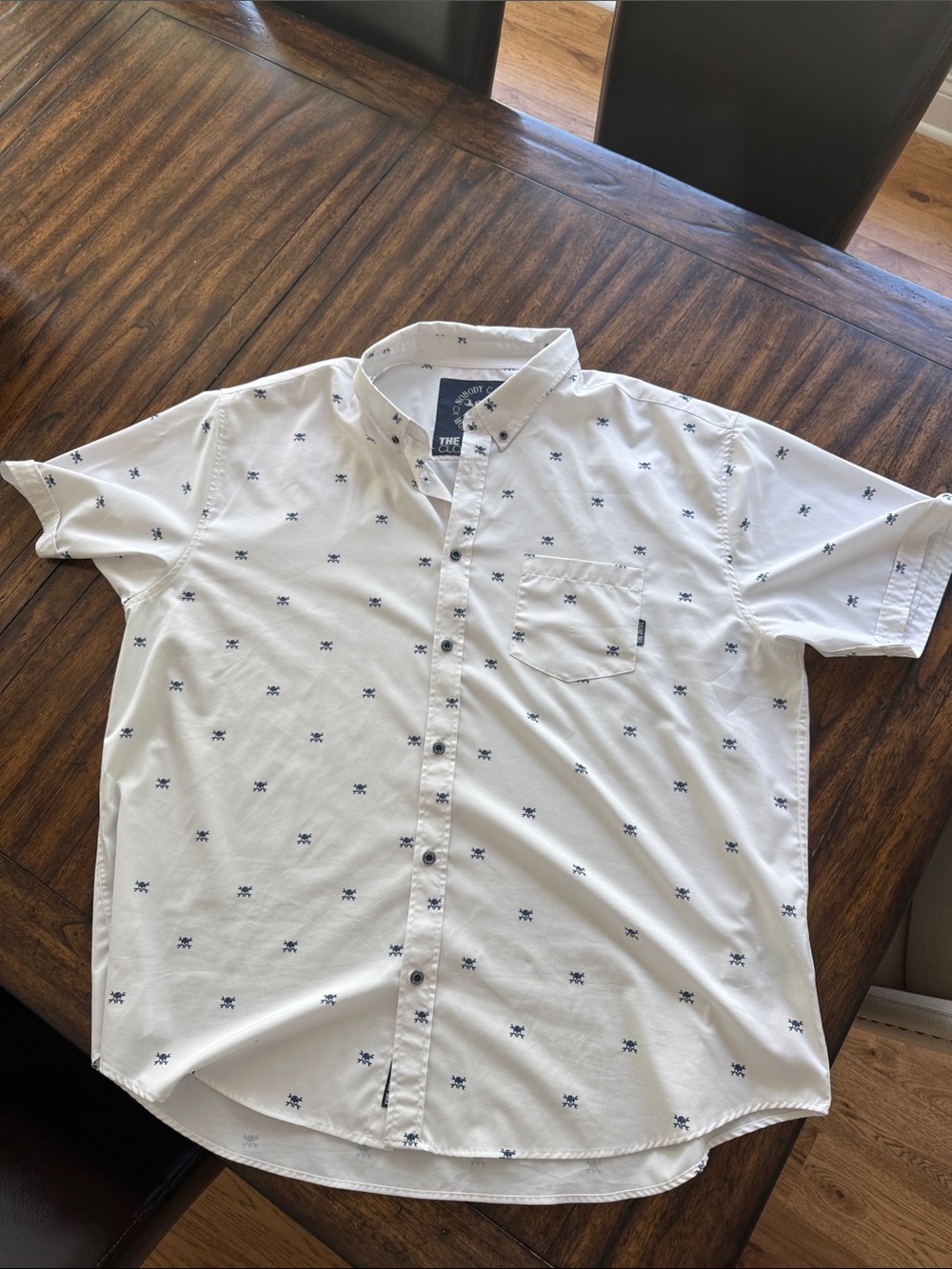 Men's White Short-Sleeve Button-Down Shirt with Navy Micro Pattern